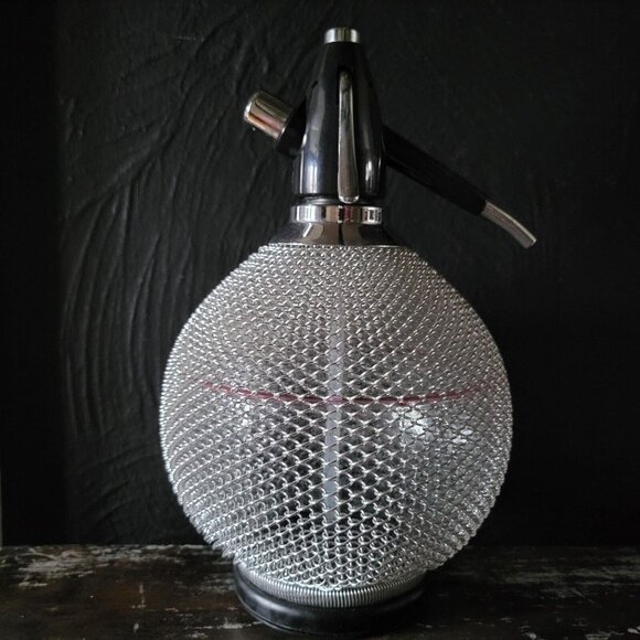 Vintage Mid Century Glass and Chain Metal Syphon Round Glass Seltzer Bottle, Vin - Picture 1 of 9
